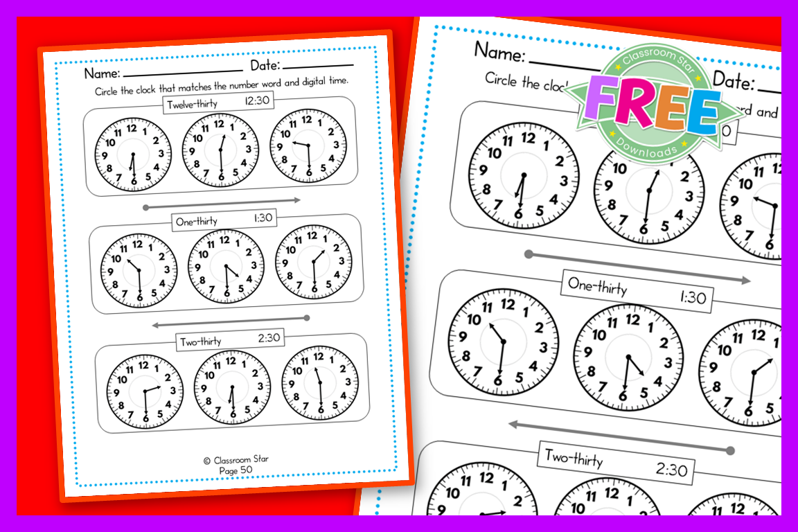 Analog and Digital Clock – Find The Correct Clock Half Hours – Worksheet 1