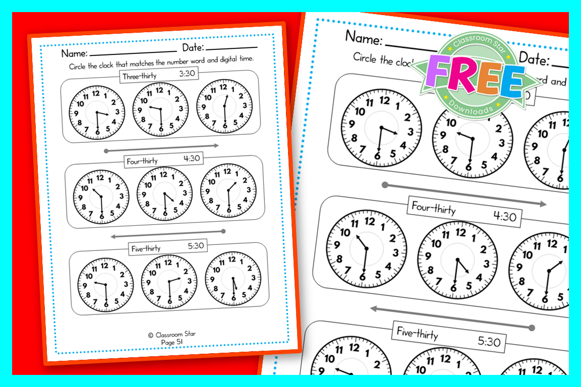 Analog and Digital Clock – Find The Correct Clock Half Hours – Worksheet 2