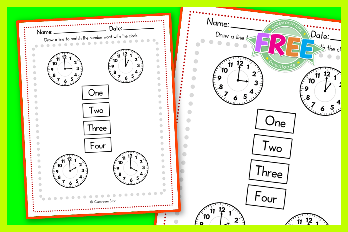 Analog Clock – Clock Match To Number Word 1:00 – 4:00