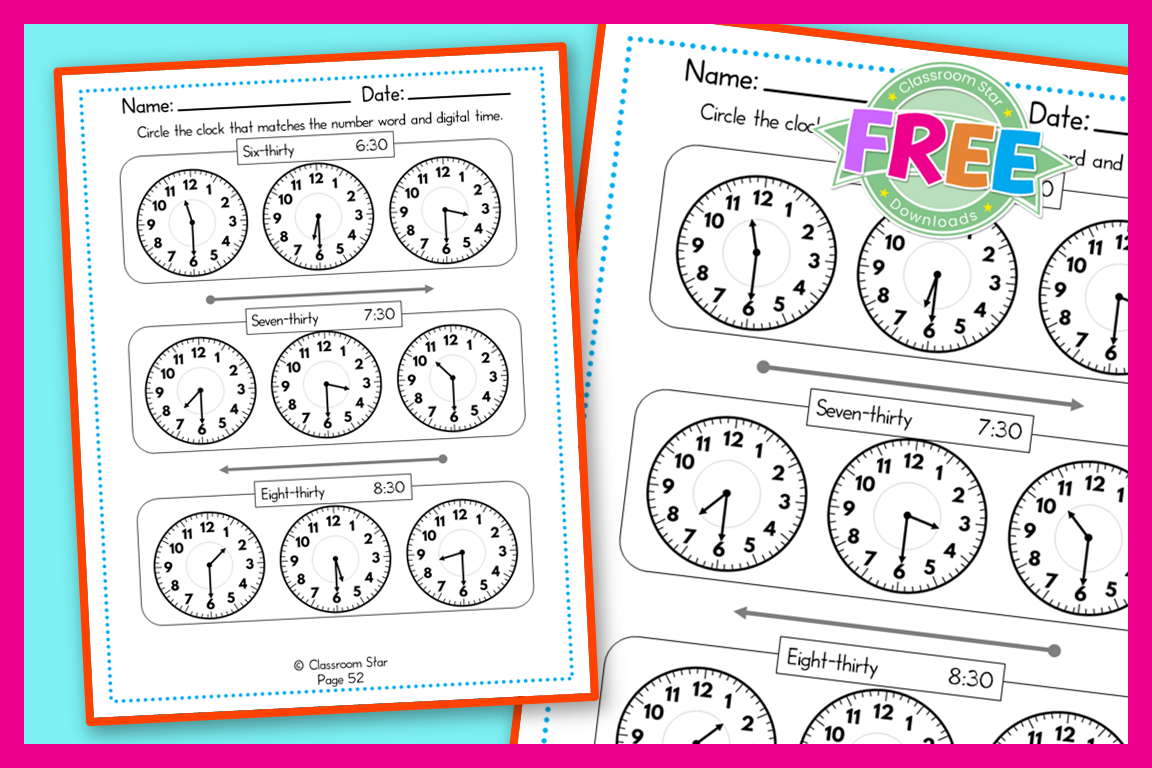 Analog and Digital Clock – Find The Correct Clock Half Hours – Worksheet 3