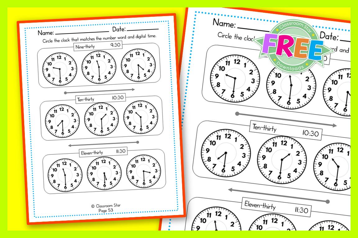 Analog and Digital Clock – Find The Correct Clock Half Hours – Worksheet 4